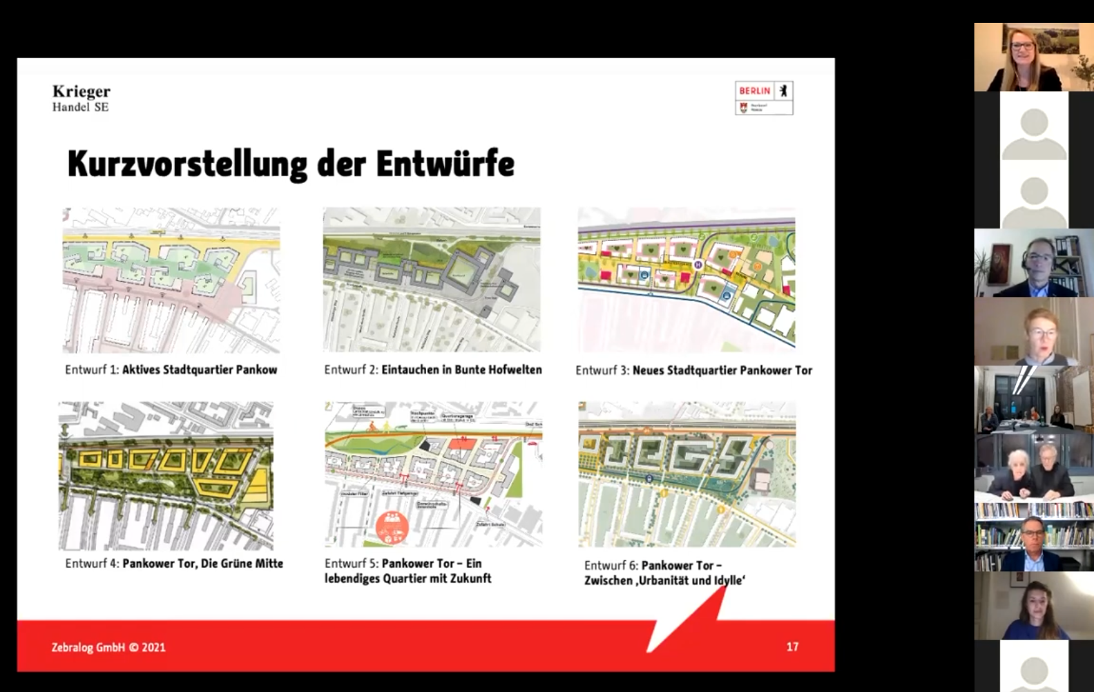 Einen Bildschirm einer Videokonferenz mit sechs Kacheln und einer Überschrift Kurzvorstellung der Entwürfe ist zu sehen.